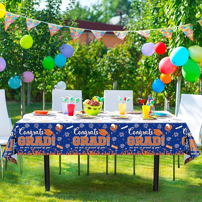6Pack Graduation Tablecloth Party Decorations, Class of 2026 Congrats Grad Plastic Tablecover Party Supplies, Blue and Orange Rectangle Graduation Table Decor for College High School Party, 54x108Inch