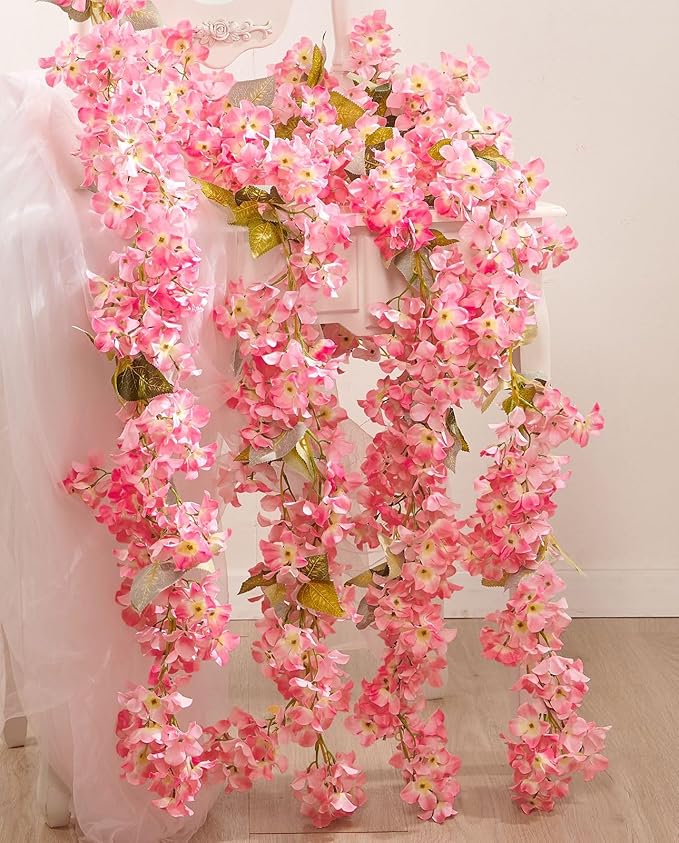 Flower Garland, Artificial Hydrangea Vine Flowers, Hanging Fake Hydrangeas Vine for Room Anniversary Wedding Birthday Christmas Wall Arch Decor, 2 Pcs, Floral Garland, Dark Pink Flower