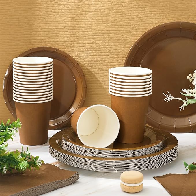 Whaline 100Pcs Brown Tableware Set Fall Disposable Dinnerware Set 50Pcs Paper Plates 25Pcs Napkin 25Pcs Cups for Wedding Birthday Bride Shower Party Supplies Table Decor