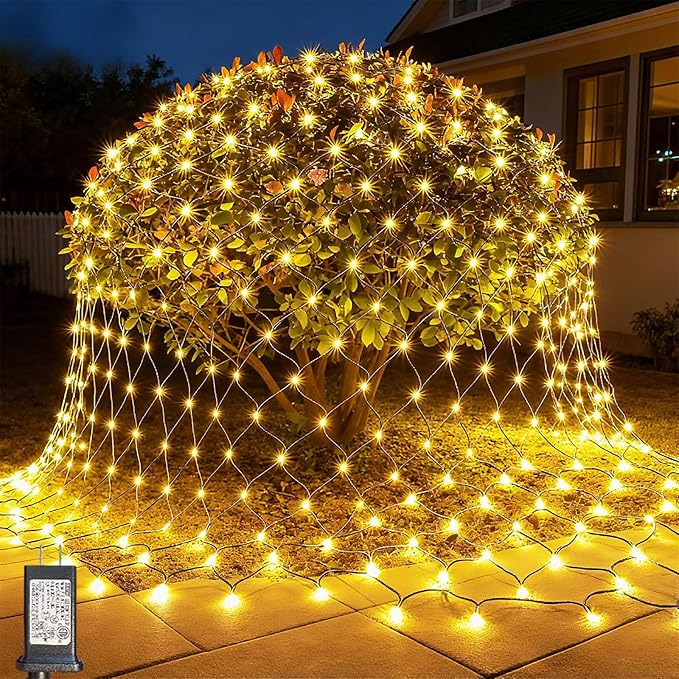 LitHome 14.8FT x 5FT Christmas Net Lights Outdoor Mesh Lights, 300 LED Warm White Net Light 8 Modes Connectable, Waterproof Giant Christmas Mesh Light Green Wire for Bushes Garden Yard Party Decor