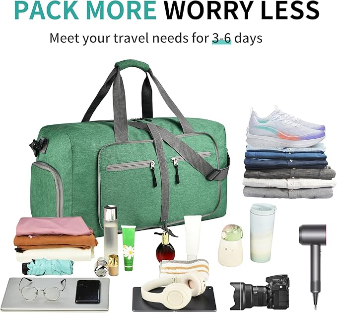 Dimayar 65L Travel Duffle Bag for Men Women - Foldable Duffel Bag with Shoes Compartment - Overnight Bags Waterproof & Tear Resistant(Forest Green)