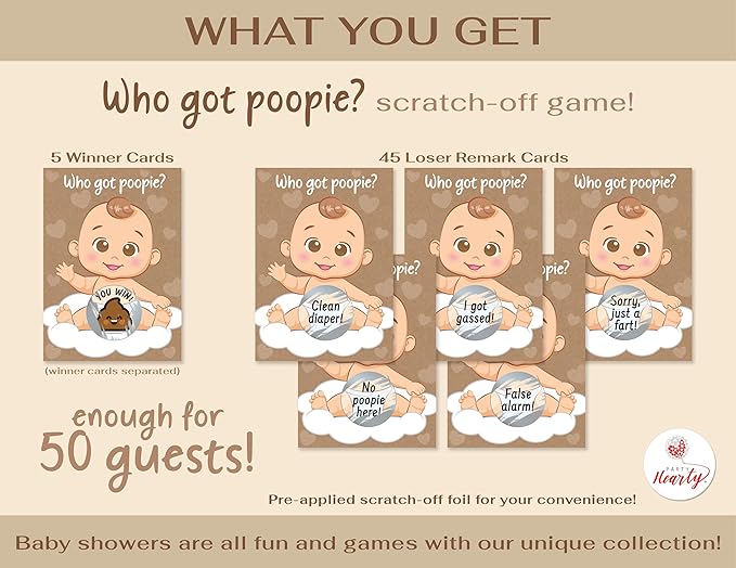 Party Hearty Delightful Baby Shower Fun - 50 Hilarious Poopie Scratch-Offs - Ideal for All Genders