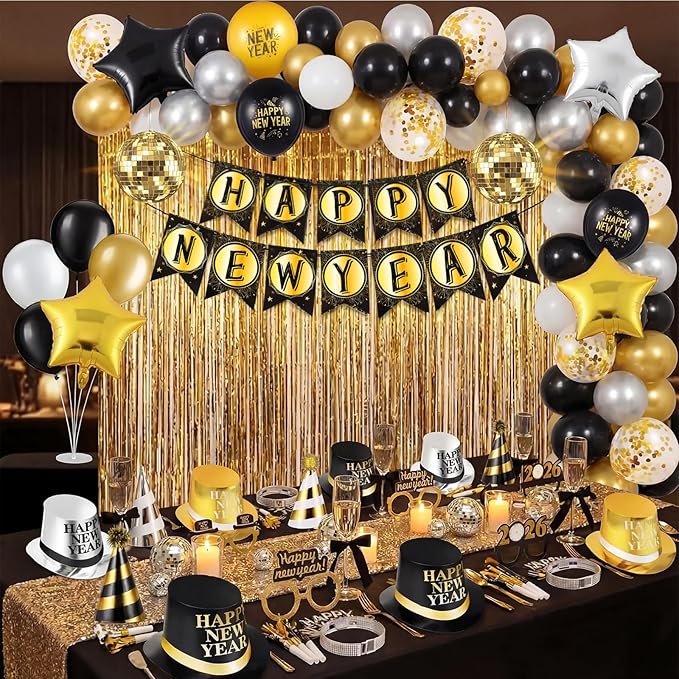 Junkin 402 Pcs New Years Eve Party Supplies 2026 Kit for 120 Guests Include Hats Glasses Blowouts Trumpet Balloons Banners Fringe Curtain Ambient Lights New Years Decorations Party Favors