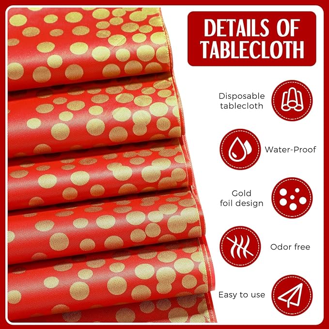Breling 8 Pack Red and Gold Disposable Plastic Tablecloths and Satin Table Runner Set, 54 x 108 Inch Tablecloth, 12 x 108 Inch Table Runners for Wedding Graduation Birthday Baby Shower New Year
