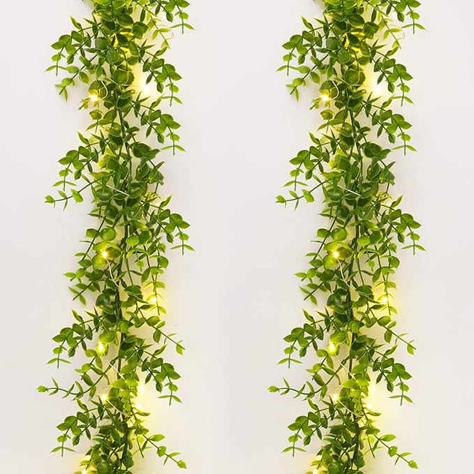 Dolicer 2 Packs Eucalyptus Garland with LED Lights String, 12FT Faux Eucalyptus Greenery Garland, Artificial Hanging Green Leaves Vine Wedding Backdrop Arch Wall Table Decor (Green)