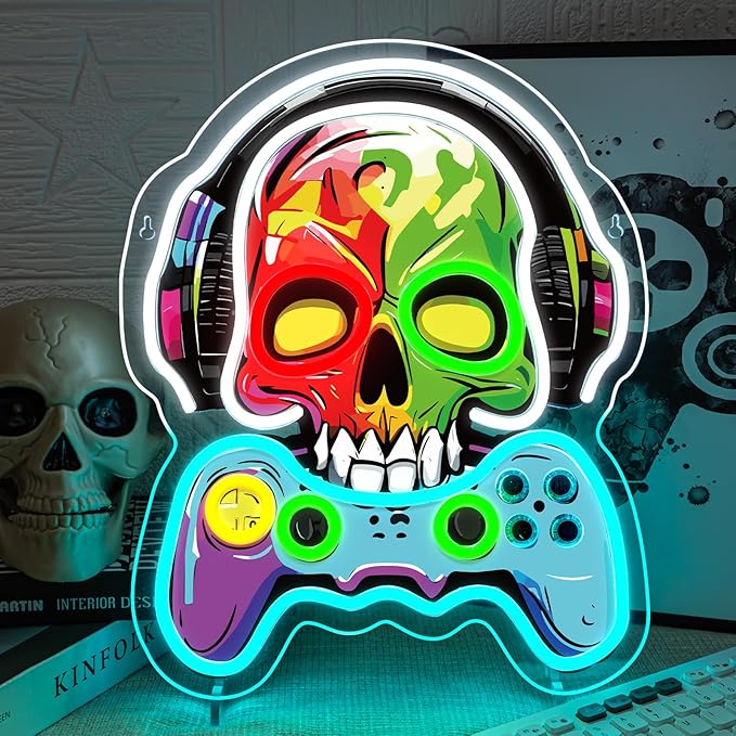 Game Neon Sign Skull Neon Signs For Wall Decor Earphones Led Lights Colorful Light Up For Game Room Boy Room Decor Bar Man Cave Club Party Decoration Gaming Boys Birthday Gifts