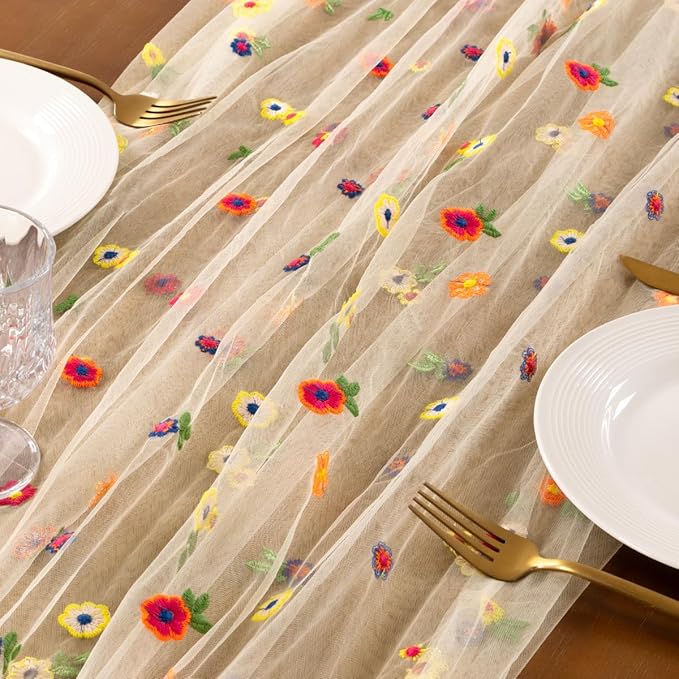 Socomi Champagne Embroidery Daisy Spring Easter Floral Wildflower Tulle Gauze CheeseclothTable Runners for Wedding Party Baby Shower Birthday Holiday Picnic Home Decor 1pc