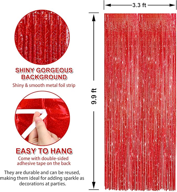 Crosize 4 Pack 3.3 x 9.9 ft Laser Red Foil Fringe Curtains Party Decorations,Tinsel Curtain Backdrop for Parties, Door Streamers, Glitter Streamer Backdrop for Birthday Decoration