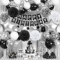 Black and Silver Birthday Decorations for Men Boys, Black White Silver Party Decorations Happy Bithday Banner Star Foil Balloon Fringe Curtain Pompom for Women Girls Party Supplies