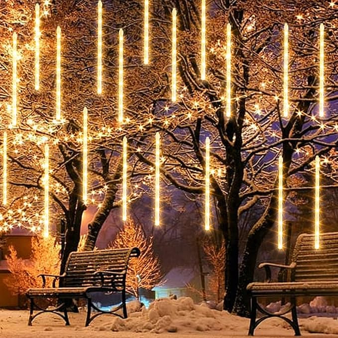 Dazzle Bright Christmas Lights Outdoor, 288LED Meteor Shower Rain Lights 12 Inch 8 Tubes, Waterproof Plug in Falling Icicle Light Christmas Decorations for Xmas Tree Yard House Decor (Warm White)