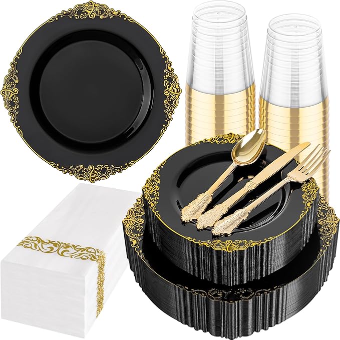 Hioasis 175pcs Black and Gold Plates - Black Party Plates for 25 Guest, Include 50 Heavy-duty Plates(20% Thicker Than Standard), 75 Cutlery Set, 25 Napkin, 25 Cups