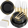 Hioasis 175pcs Black and Gold Plates - Black Party Plates for 25 Guest, Include 50 Heavy-duty Plates(20% Thicker Than Standard), 75 Cutlery Set, 25 Napkin, 25 Cups