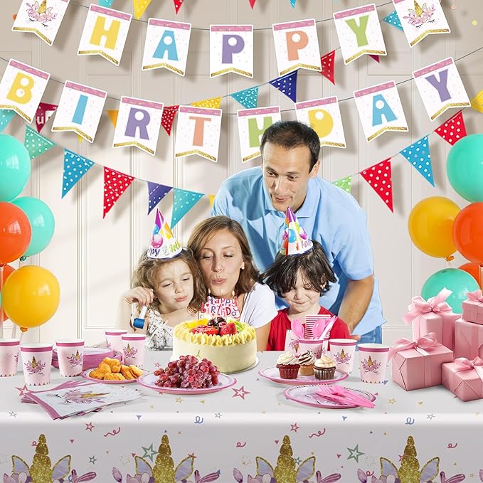 Unicorn Birthday Decorations for Girls, 170 Pcs Unicorn Party Decorations Including Banner, Plates, Cups, Napkins, Cutlery and Tablecloths, Serves 24