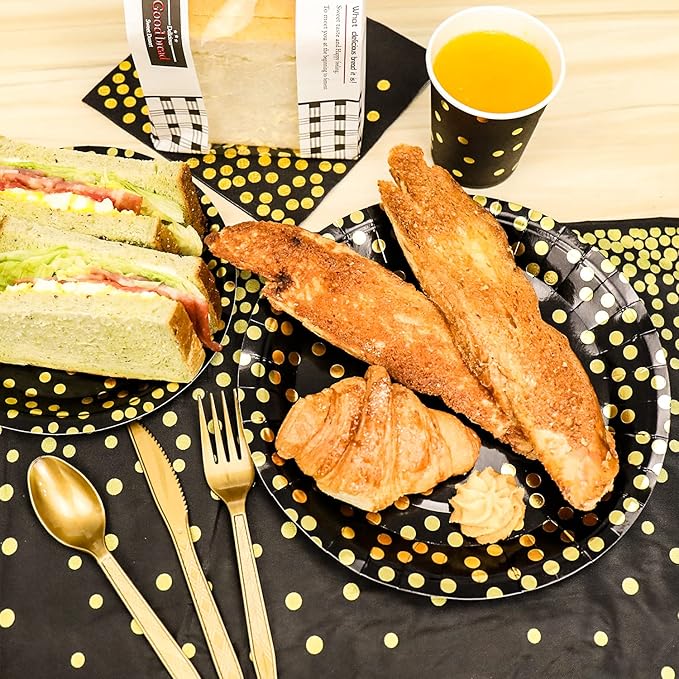 176 Pieces Gold Disposable Party Dinnerware Set &Golden Dot Disposable Party Dinnerware - Black Paper Plates Napkins Cups, Gold Plastic Forks Knives Spoons