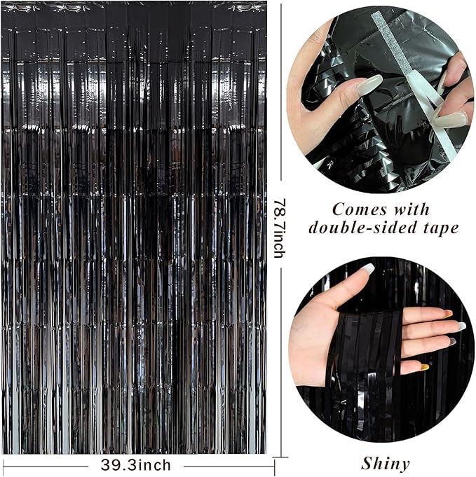 Black Party Streamers Foil Fringe Backdrop Curtains Tinsel Streamers Birthday Halloween Party Decorations Fringe Backdrop for Birthday Party Graduation Bridal Shower Wizard Party Supplies