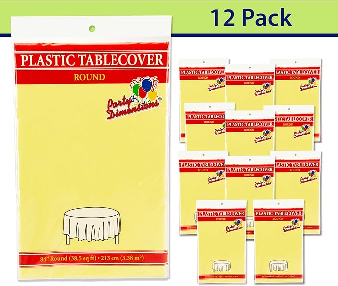 Party Dimensions Yellow Disposable Plastic Tablecloth for Round Tables (12 Pack) 84 inches Table Cloths for Parties, Events & Weddings, Indoors & Outdoors, Plastic Table Cover