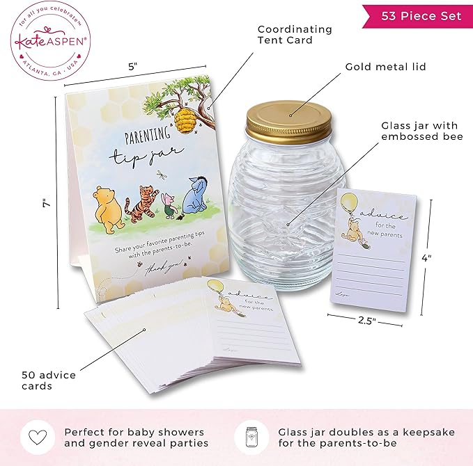 Kate Aspen Honey Bear Parenting Tip Jar For Baby Shower Game & Activity, Advice Cards & Bee Hive Shaped Jar with Lid, Nursery and Baby Shower Decoration