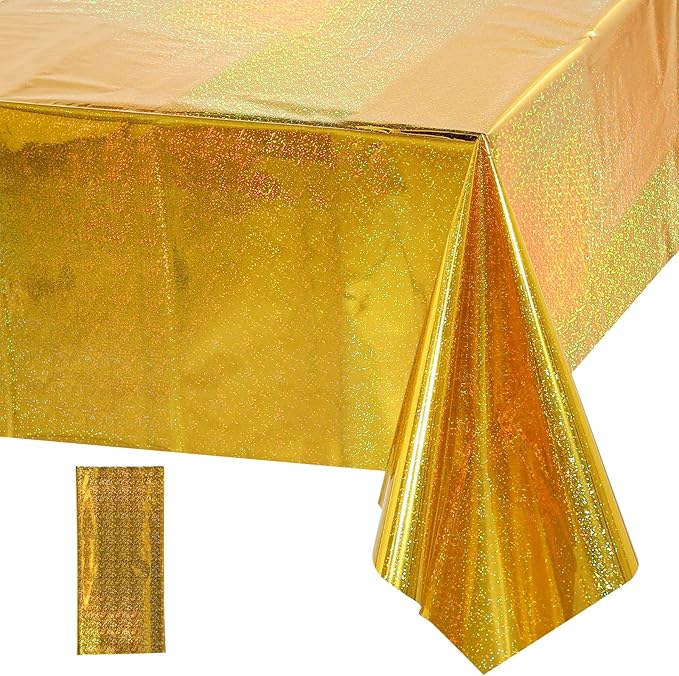 1 Pack Iridescence Plastic Tablecloths Shiny Disposable Laser Rectangle Table Covers Holographic Foil Tablecloth Iridescent Party Decoration Birthday Bridal Wedding Christmas 54" x 108" (Gold)