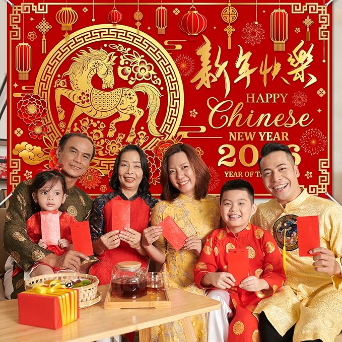 Mocsicka 2026 Chinese New Year Backdrop Banner 2026 Lunar The Year of The Horse Decorations Banner Chinese Spring Festival Family Party Decorations Photo Background (6x3.6ft)