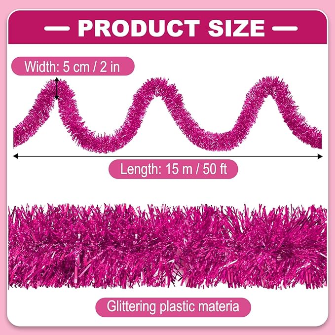 50 Feet Christmas Tinsel Garland, Metallic Twist Garland Wall Hanging Tinsel Garland Backdrop for Parade Floats, Carnival, Birthday, Wedding, New Year Party Decorations (Fuchsia, 2in x 50ft)