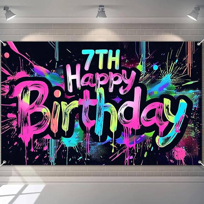 Neon 7th Happy Birthday Banner 71x43 Inch Paint Splatter Glow in The Dark Party Backdrop Colorful Wall Decor for Kids Boys Girls Seventh Birthday Celebrations Photo Booth Props Event