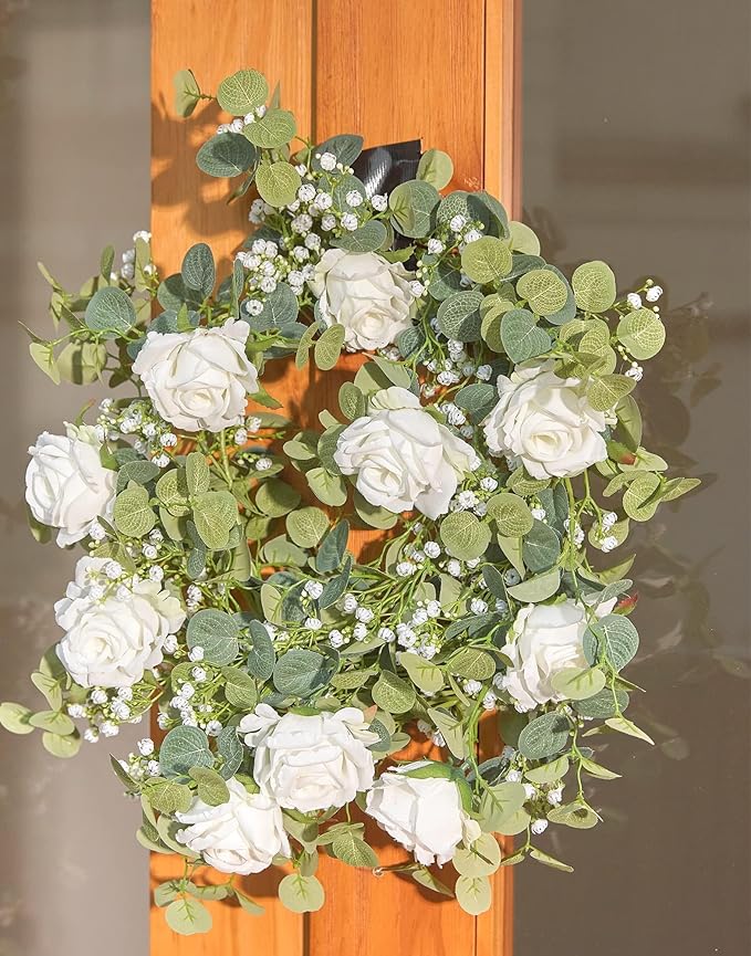 Anna's Whimsy 5.91FT Artificial Eucalyptus Garland with Flowers, Fake Flower Rose Gypsophila, Faux Floral Greenery Garland for Wedding Spring Home Party Craft Art Table Runner Decor