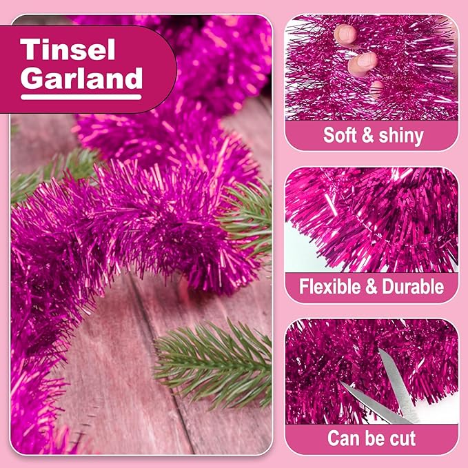 50 Feet Christmas Tinsel Garland, Metallic Twist Garland Wall Hanging Tinsel Garland Backdrop for Parade Floats, Carnival, Birthday, Wedding, New Year Party Decorations (Fuchsia, 2in x 50ft)