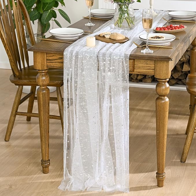 Horaldaily White Silver Sparkling Star Gauze Tablecloth 60x140 Inch Rectangular, Silver Star Sequin Glitter Metallic Foil, Sheer Tulle Cheesecloth for Wedding Baby Shower Party