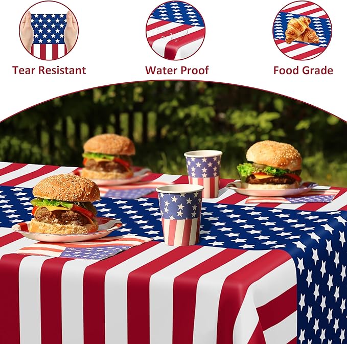 QZYL 4 Pack 4th of July Tablecloths, 54" x 108" Patriotic Plastic Table Cover, Rectangle Red White and Blue Tablecloth American Tablecover, Fourth of July Decorations Memorial Day Party Supplies