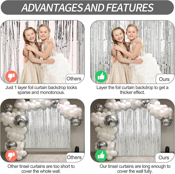6 Pack Silver Foil Fringe Curtains Streamers Party Decorations 3.3 x 8.2 ft, Tinsel Curtain Fringe Backdrop for Parties, Silver Door Fringe Birthday Streamers, Photo Booth Backdrops, Party Decor