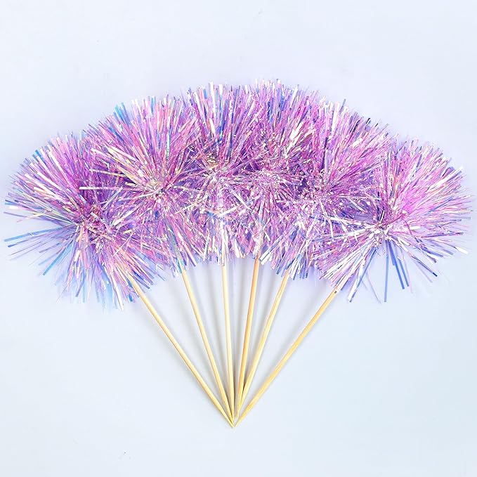 Gyufise 30Pcs Foil Firework Cupcake Toppers Sparkle Tinsel Cake Toppers Tinsel Drink Cake Decoration Cocktail Picks for Birthday Wedding Graduation Party Supplies Laser Purple