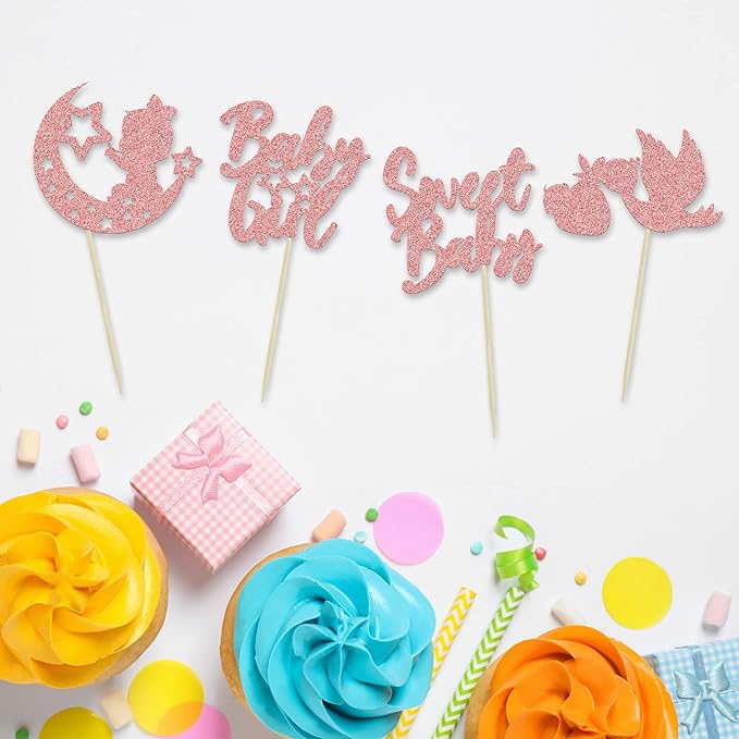 24Pcs Sweet Baby Girl Cupcake Toppers Rose Gold Glitter Moon Star Baby Shower Cupcake Picks Decorations for Gender Reveal Baby Shower Kids Girls Birthday Party Supplies
