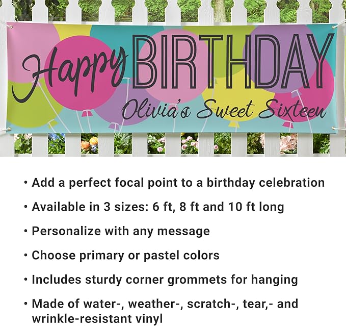 Let's Make Memories Personalized Happy Birthday Banner for Kids - Custom Birthday Party Decorations - Indoor/Outdoor Vinyl - Any Text - Balloons - Pastel Colors - 8ft