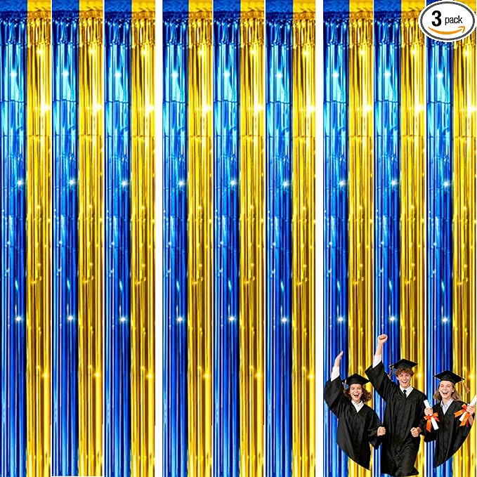jijAcraft 3 Pack Blue Gold Tinsel Foil Fringe Curtain, Graduation Party Photo Backdrop, Metallic Blue Gold Foil Streamers for Graduation Prom School Decor Boy Birthday Office Party Decorations