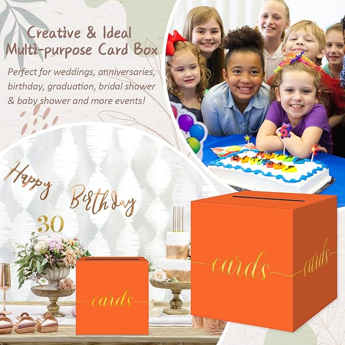 QIKSION Orange Graduation Card Box, Gold Foil Gift Card Box for Party, Graduation, Wedding Reception, Birthday, Baby Shower, Raffle