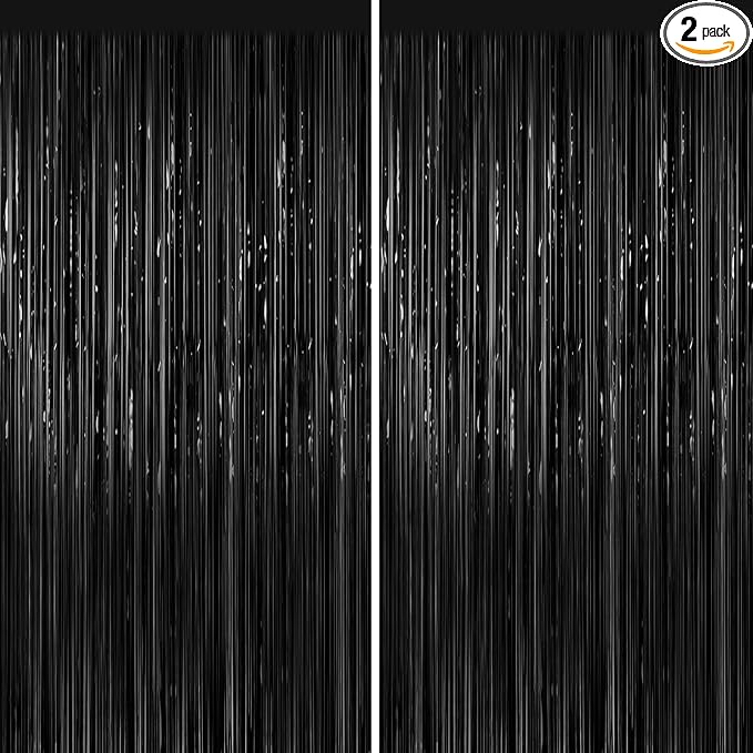 Black Foil Curtain Backdrop 2Pack Black Metallic Tinsel Fringe Curtains Photo Booth Props for Birthday Wedding Engagement Baby Shower Bachelorette Xmas Holiday Celebration Graduation Party Decorations