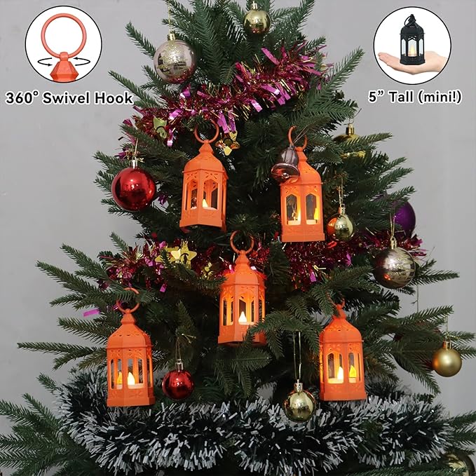 8 Pcs Mini Lantern with Flickering LED Candles, LLQ Orange Vintage Decorative Hanging Candle Lanterns for Halloween, Christmas, Wedding Decorations, Party, Table Centerpiece, Battery Included