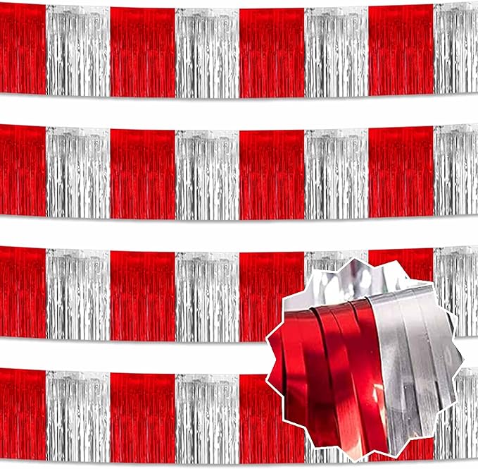 4 Pack 10 Ft Red and Silver Foil Fringe Garland Metallic Streamers Tinsel Banner Wall Hanging Garland Backdrop for Parade Floats, Halloween, Christmas, Thanksgiving, New Year Party Decorations
