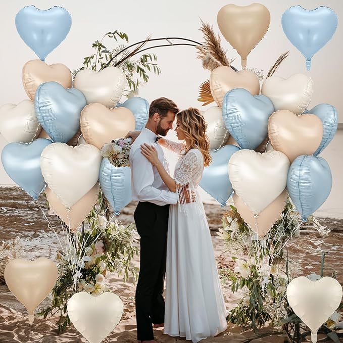 Blue Cream Heart Foil Balloons, 12Pcs Baby Blue Beige Nude Heart Shape Mylar Balloon, 18Inch Macaron Apricot and White Helium Balloons for Boho Birthdays Baby Shower Wedding Valentines Party Decor
