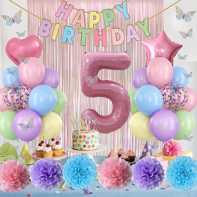 Pastel 5th Birthday Party Decorations for Girls Number 5 Balloon Happy Birthday Banner Butterfly Stickers Fringe Curtain Paper Pom Poms Macaron Pink Star Heart Foil Colorful Balloons 5 Year Old Decor