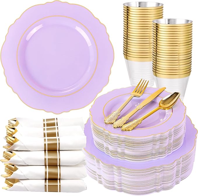 Liacere 350PCS Purple Plastic Plates - Disposable Lavender Plates 50guest Plastic Dinnerware include 100Light purple Plates,50Pack Pre Rolled Napkins Silverware 50Cups for Easter Day