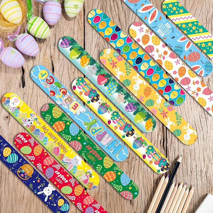 48 PCS Easter Slap Bracelets for Kids – Fun Bunny & Egg Designs, Party Favors, Goodie Bag Fillers, and Classroom Prizes