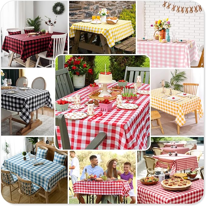 Mulbozy Orange Gingham Tablecloth 4 Pack, 54 x 108 Inch Plastic Table Cloth Disposable, Orange and White Checkered Table Cover for Party Supplies