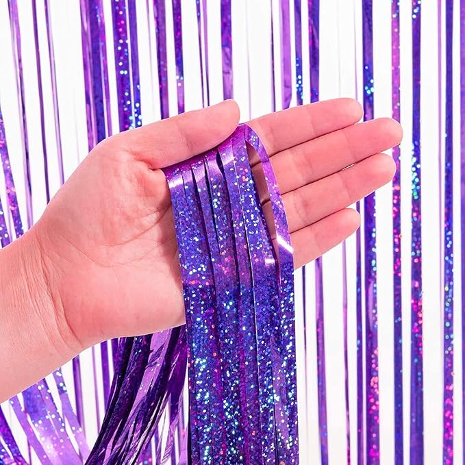 BRAVESHINE Purple Tinsel Foil Fringe Curtains - 2Pcs 3.2x8.2ft Party Streamers Backdrop for Valentines/Hunters/Girl/Women/Birthday/Mermaid/Bridal Shower/Bachelorette/Anniversary/Engagement Decorations