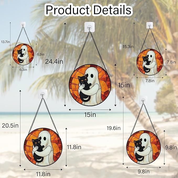 Stained Glass Window Hanging - Halloween Decorations White Ghost Black Cat Suncatcher for Doors Garden Spooky Funny Orange Sun Catchers Gothic Decor Horror Gifts for Women Men Friend 6.3 in