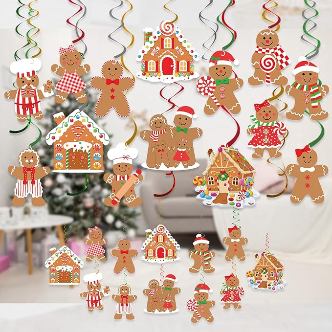 30pcs Gingerbread Party Decorations Hanging Swirls Christmas Gingerbread Streamers Decor for Christmas Birthday Party Supplies