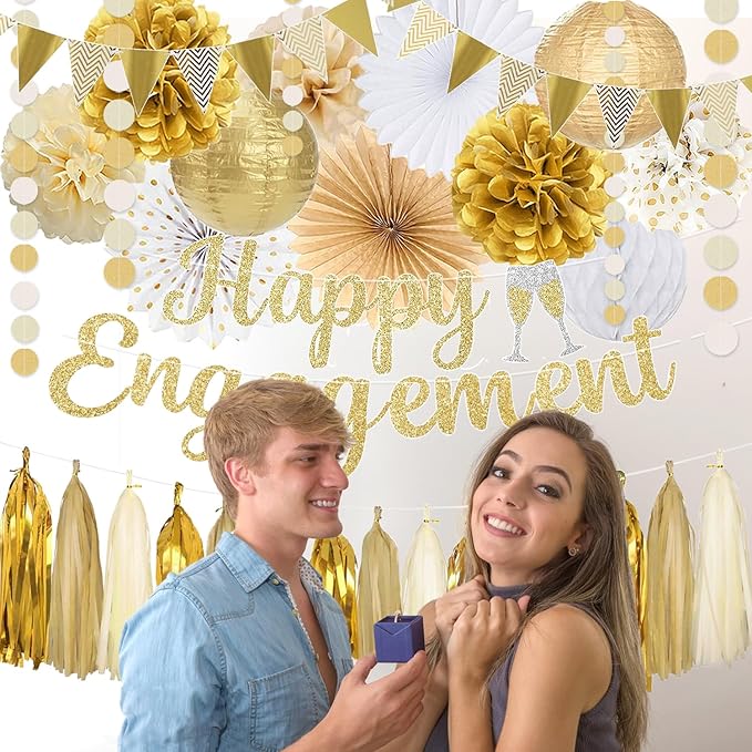 Engagement Party Decorations, Gold Glitter Happy Engagement Banner, Almost Married/Just Engaged Photo Background, Paper Tassel Garland for Congratulations Wedding Bachelorette Party Shower Décor