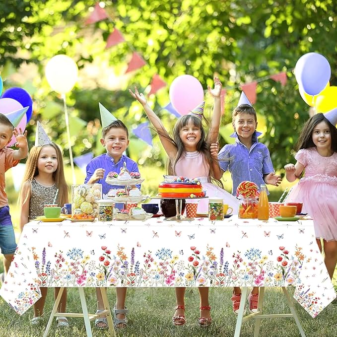 3 Pcs Wildflower Tablecloth Spring Summer Floral Table Cover for Butterfly Wildflowers Theme Picnic Dining Holiday Weeding Baby Shower Birthday Tea Party Table Supplies Decorations