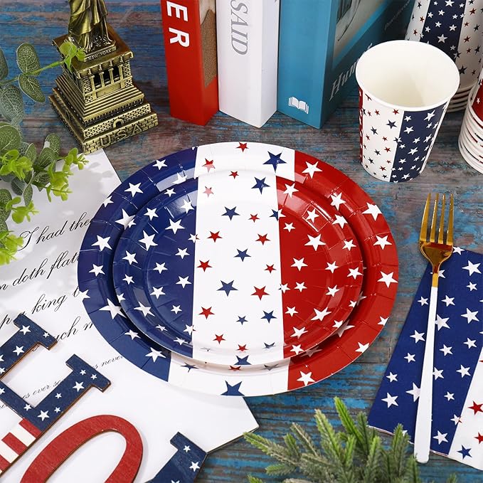 Whaline 96Pcs Patriotic Party Tableware Set with Paper Plate Napkin Cup Red White Blue Star 4th of July Disposable Dinnerware for 24 Guests Independence Day Party Table Decor