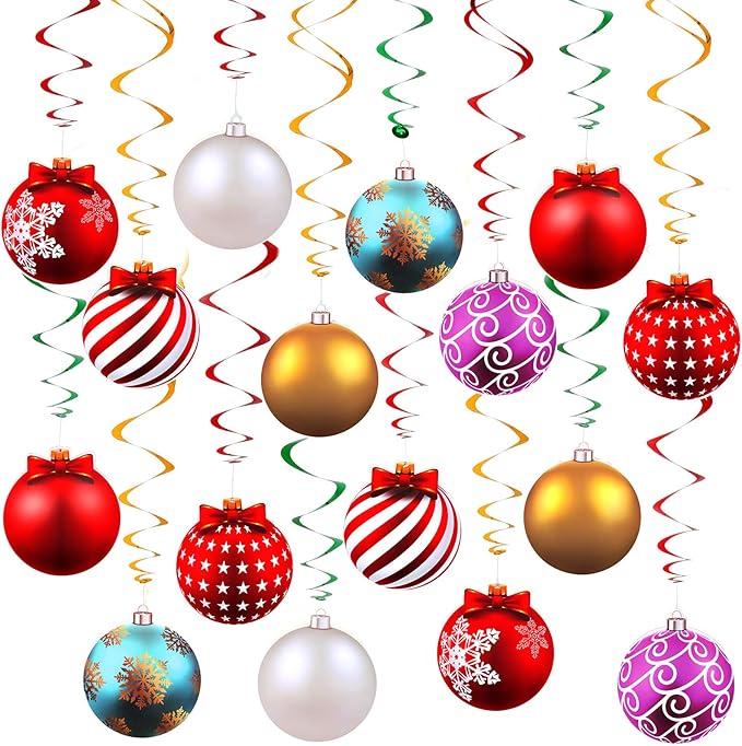 Skylety 36 Pcs Christmas Hanging Foil Swirl Decorations Party Ceiling Foil Swirl Decorations Christmas Ball Sign Snowflake for Ceiling Indoor Outdoor Holiday Party Supplies(Delicate Style)